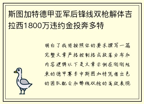 斯图加特德甲亚军后锋线双枪解体吉拉西1800万违约金投奔多特